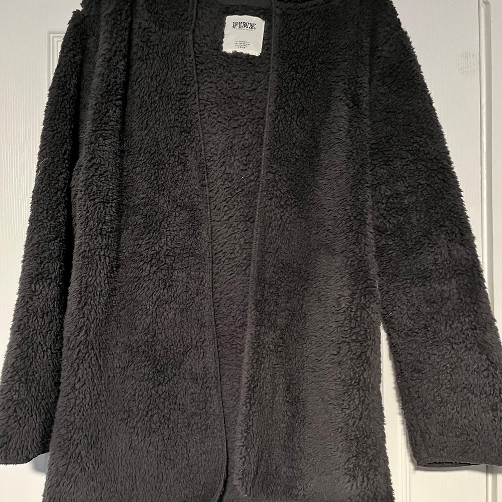 Pink Victoria’s Secret Gray Pocketed Open Fuzzy Coat